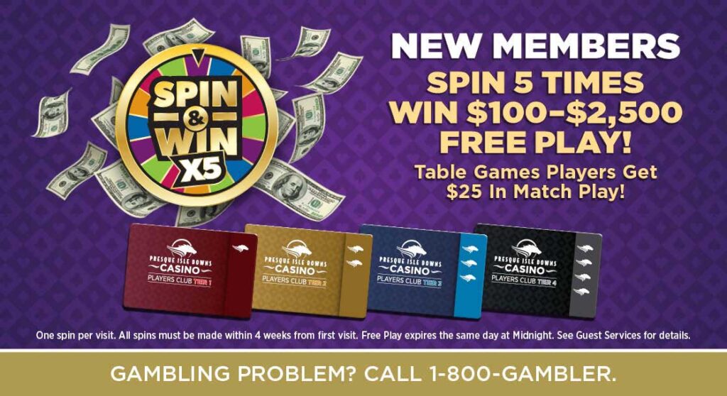 New Player Club Members can spin 5 times and win $100 - $2,500 FREE PLAY!